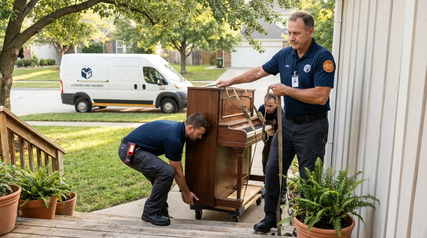 Licensed piano movers securing grand piano in Lakeport, CA
