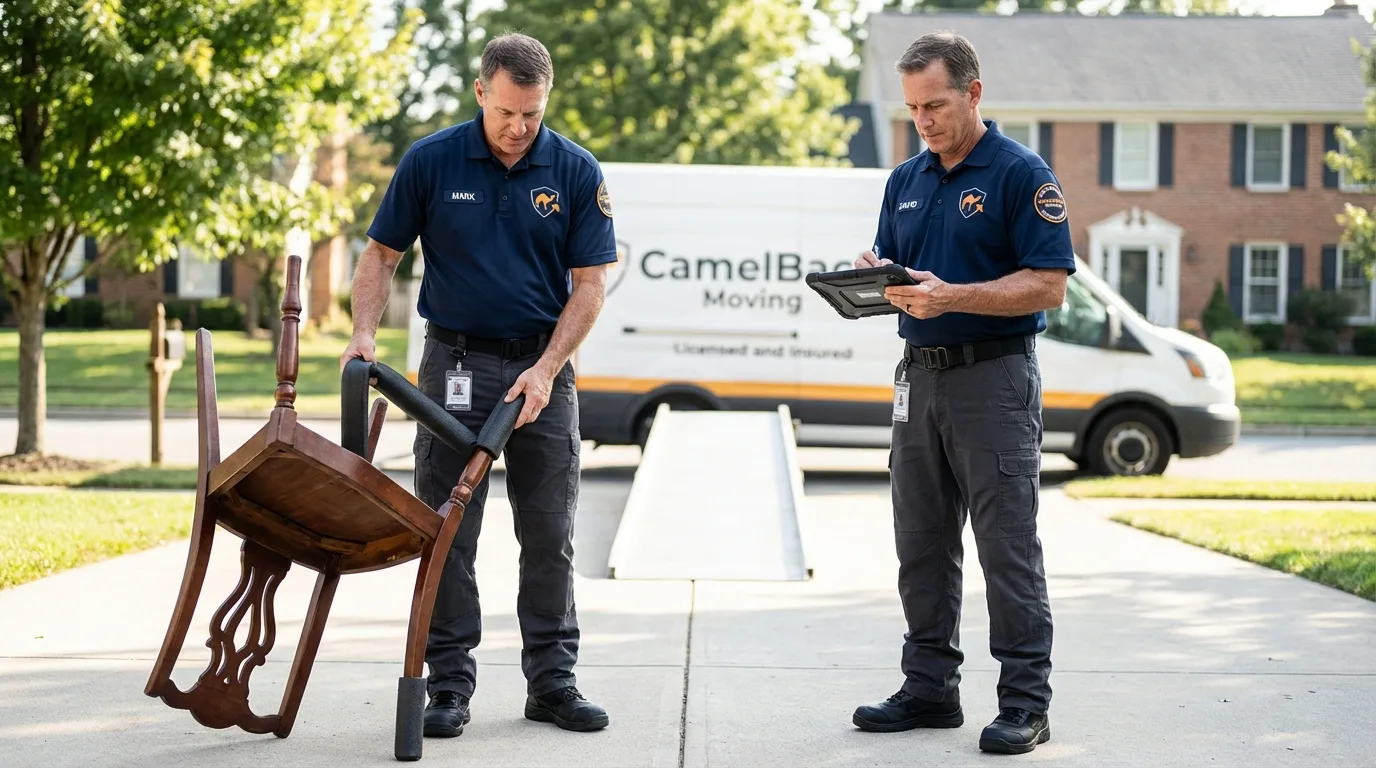 Movers inspecting furniture for damage prevention before loading in Lakeport, CA